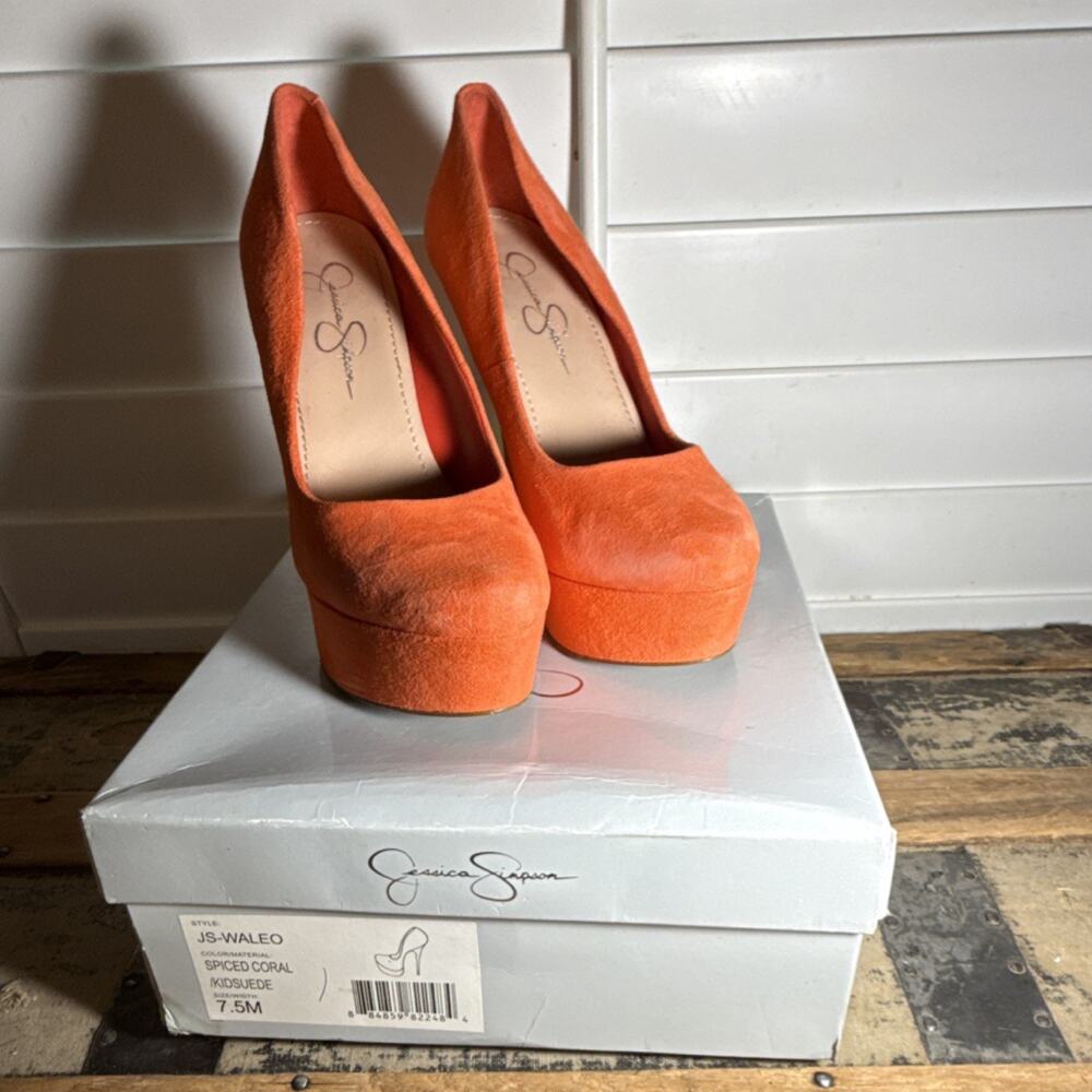 Jessica Simpson Suede Platform Stiletto Pumps Slip On Orange Closed Toe 7.5